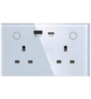 Tuya 146 UK WiFi Smart Socket with USB Type C, Glass Panel, 3-Pin UK Plug + USB-A/C, App Control, Alexa/Google, Fast Charging, 16A, Modern Design